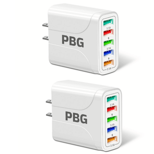 Fuchsia Electra 2-pack 5-port wall chargers for mobile and laptop devices, charging up to 5 gadgets simultaneously.