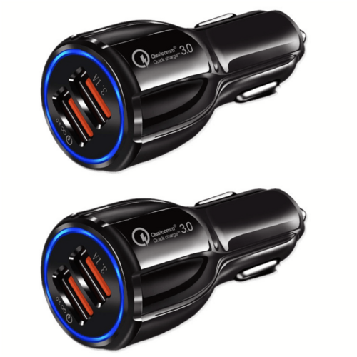 Two Fuchsia Electra PBG 2-port USB fast car charger adapters for mobile and laptop devices, shown in a 2-pack.