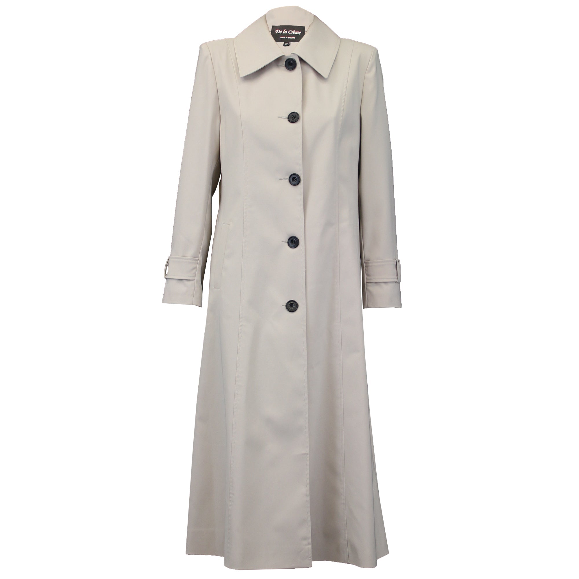 Rose Eleusis longline Mac coat in stone color, perfect for spring and summer, shown on a model highlighting its stylish design.