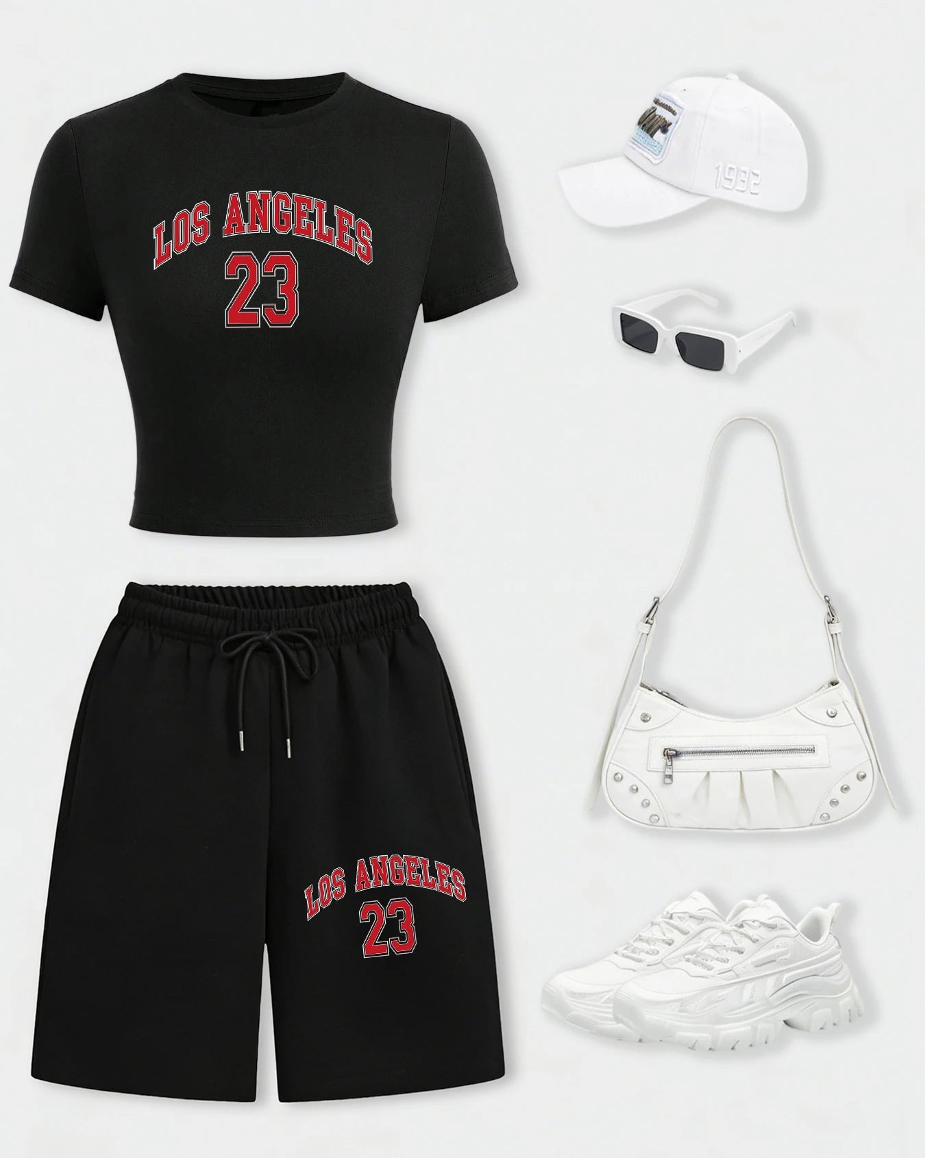 Start2Finish Los Angeles 24 creative letter print women’s summer cotton crop T-shirt with wide-leg shorts and drawstring pocket gym pants.
