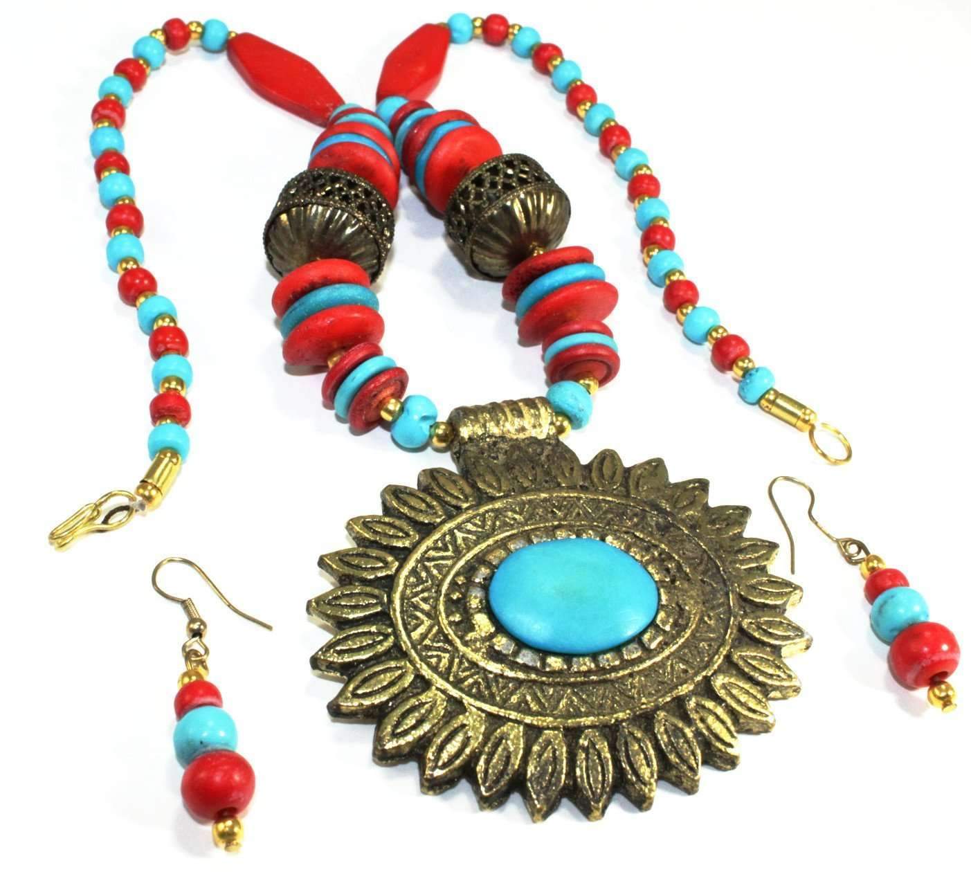 Silver Hestia flower medallion boho necklace and earrings set with floral designs, perfect for a bohemian jewelry look.