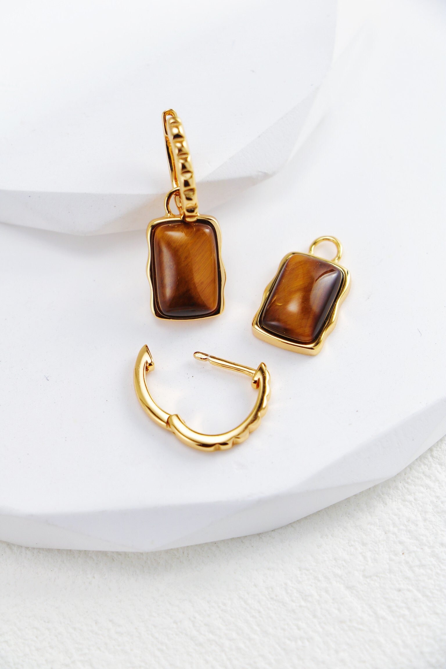 Rectangle-shaped tiger eye long earrings from Amethyst Arachne featuring polished stone accents in a stylish jewelry design.