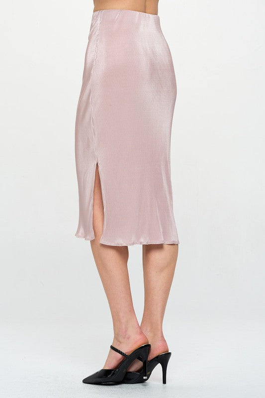 Jade Icarus Made in USA solid plisse midi skirt with slit, featuring a flowing fabric and stylish design.