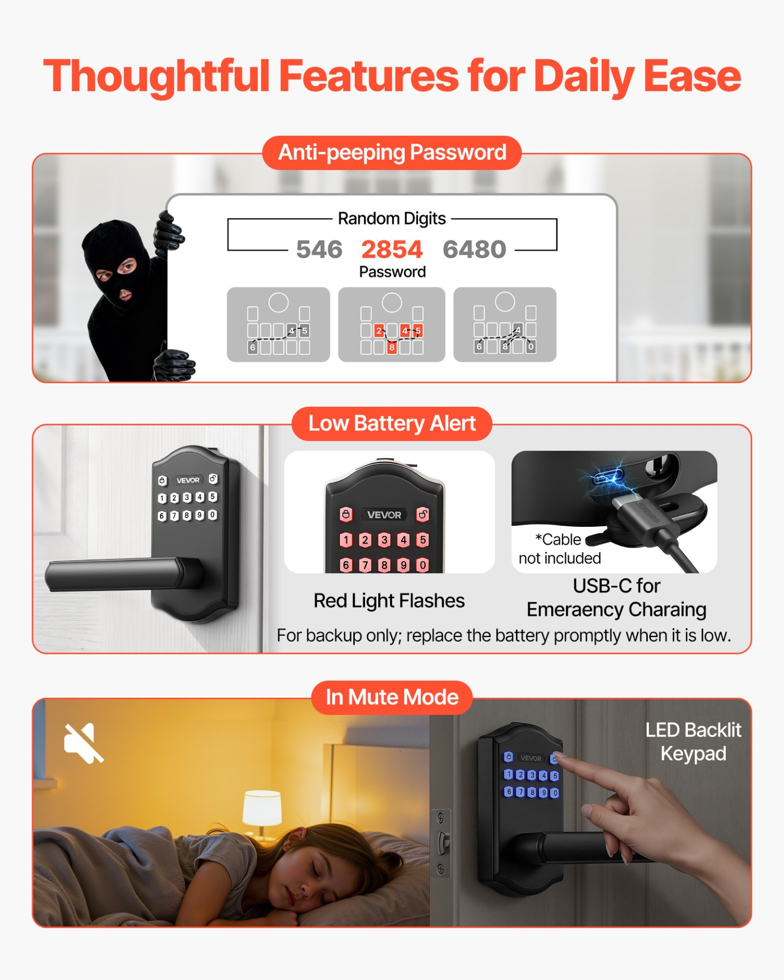 Start2Finish VEVOR keyless entry door lock with matte black handle, electronic keypad, customizable codes, auto lock, and anti-peeking feature.