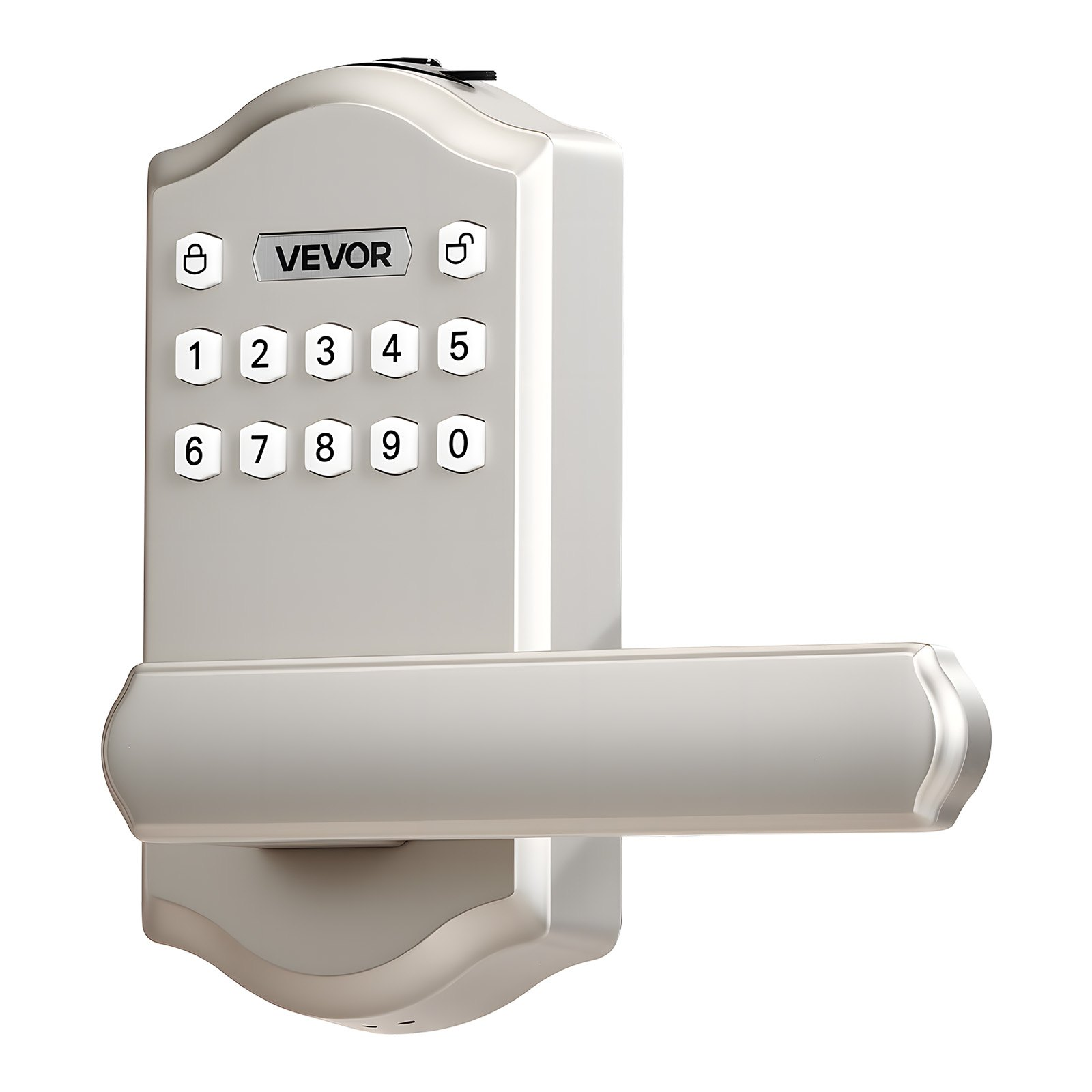 Start2Finish VEVOR keyless entry door lock with handle, satin nickel finish, backlit keypad, customizable codes, and auto lock feature.