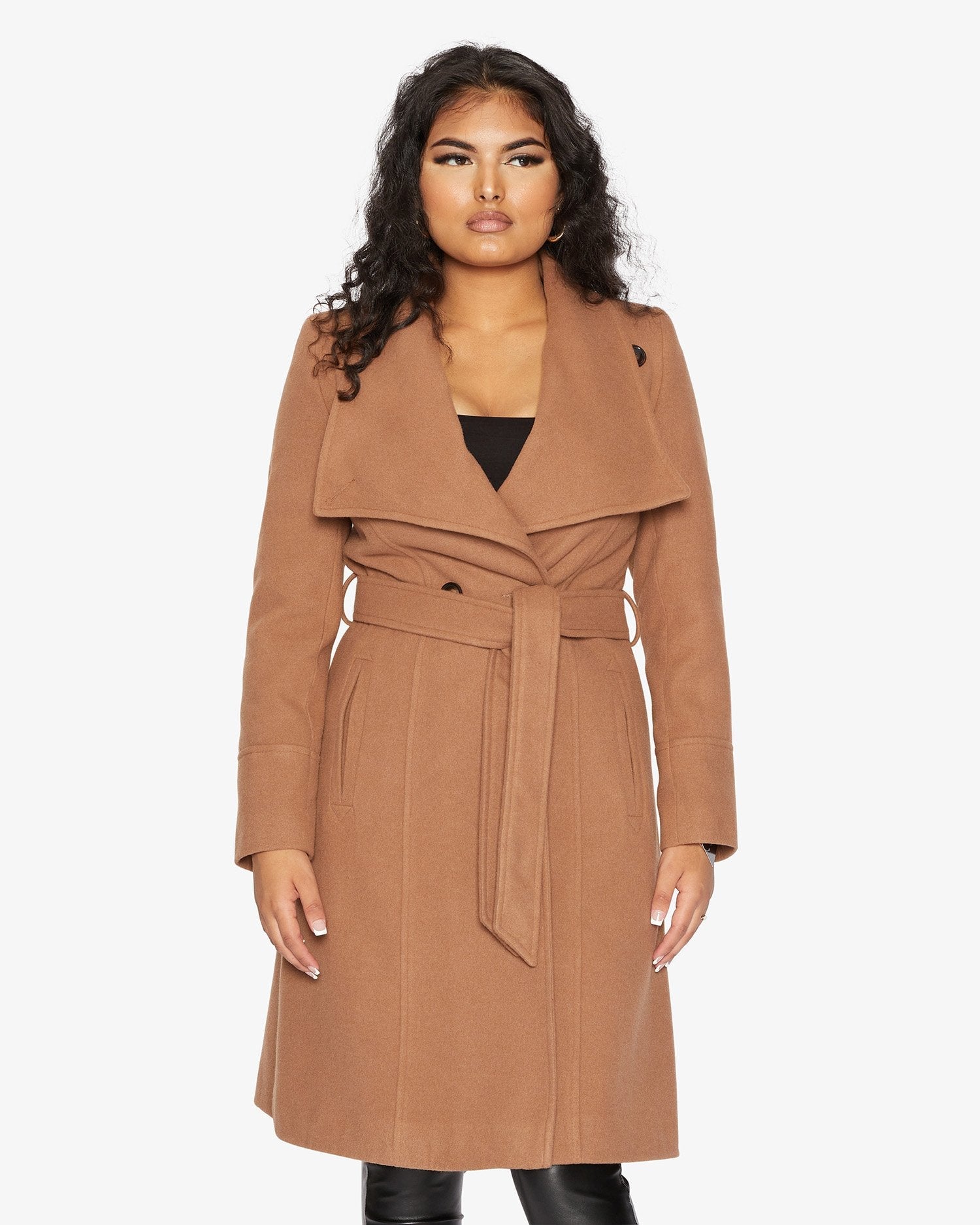Rose Eleusis waterfall lapel double-breasted duster coat, stylish jacket with flowing silhouette and elegant design.