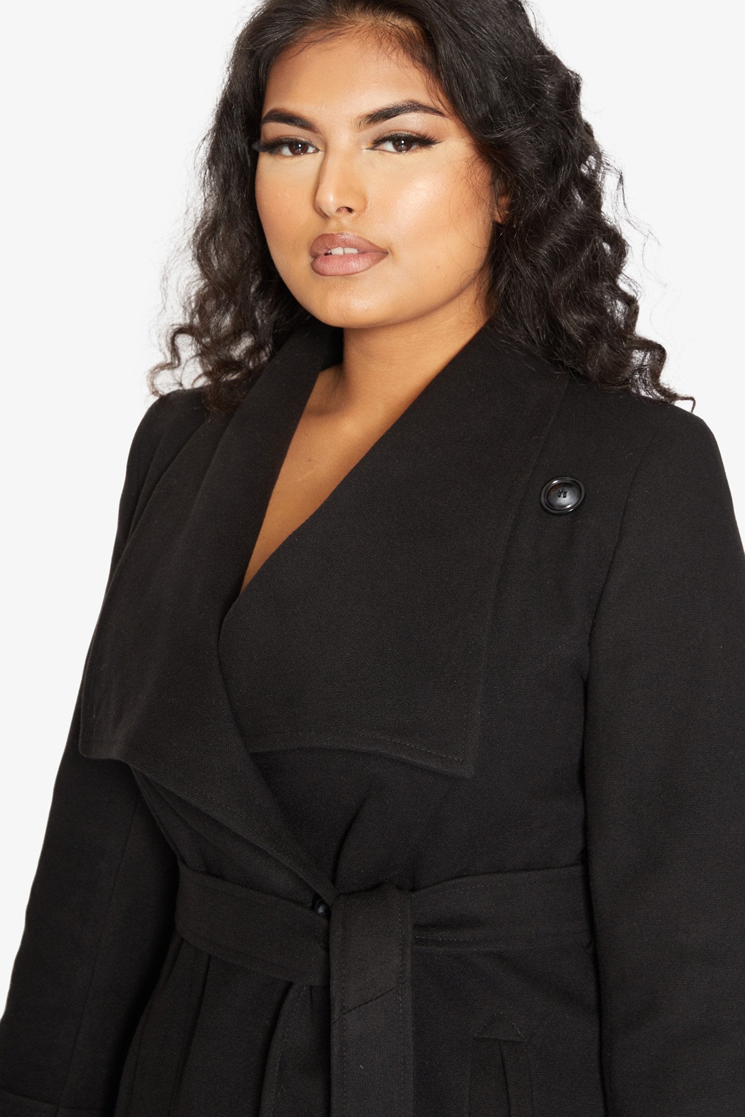 Rose Eleusis waterfall lapel double-breasted duster coat, stylish jacket with flowing design and tailored fit.