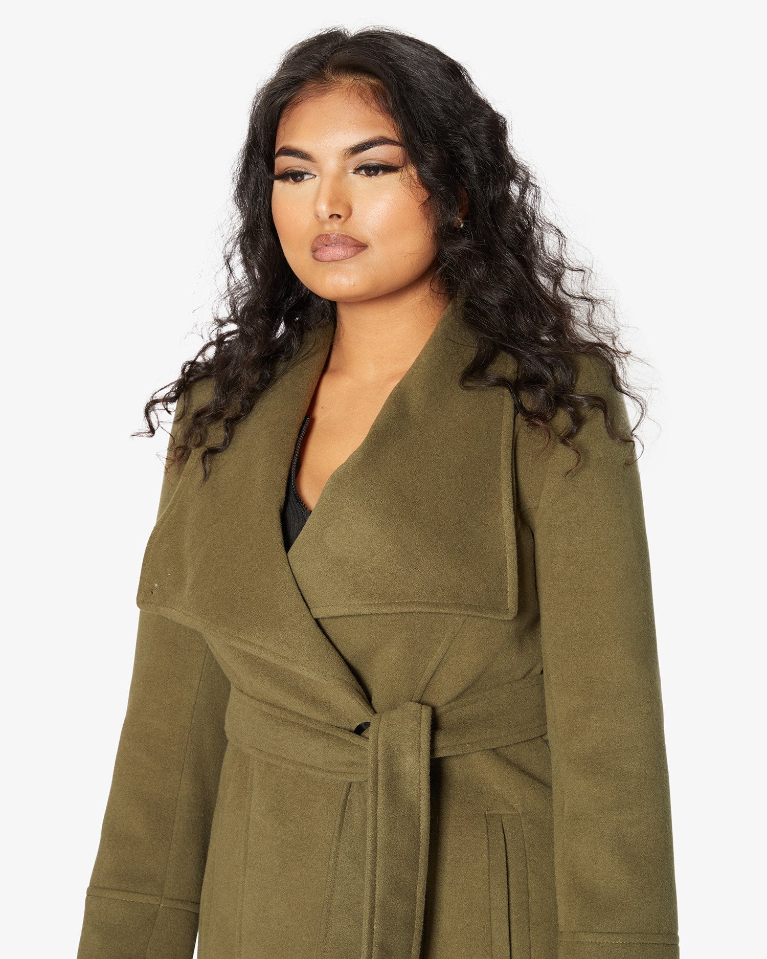 Rose Eleusis waterfall lapel double-breasted duster coat displayed on a hanger, showcasing its elegant design and fabric details.