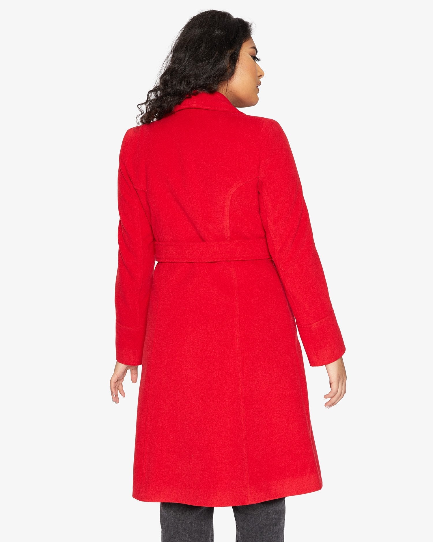 Rose Eleusis waterfall lapel double-breasted duster coat on a hanger, showcasing its elegant jacket style and flowing fabric.
