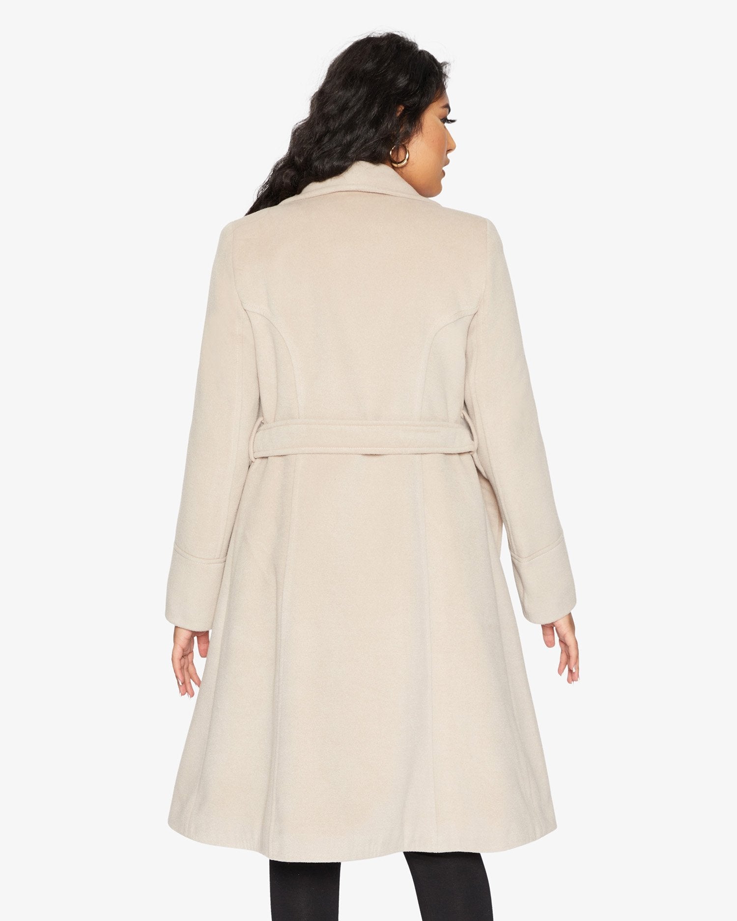 Rose Eleusis waterfall lapel double-breasted duster coat, stylish jacket with flowing design, shown in natural fabric and elegant cut.
