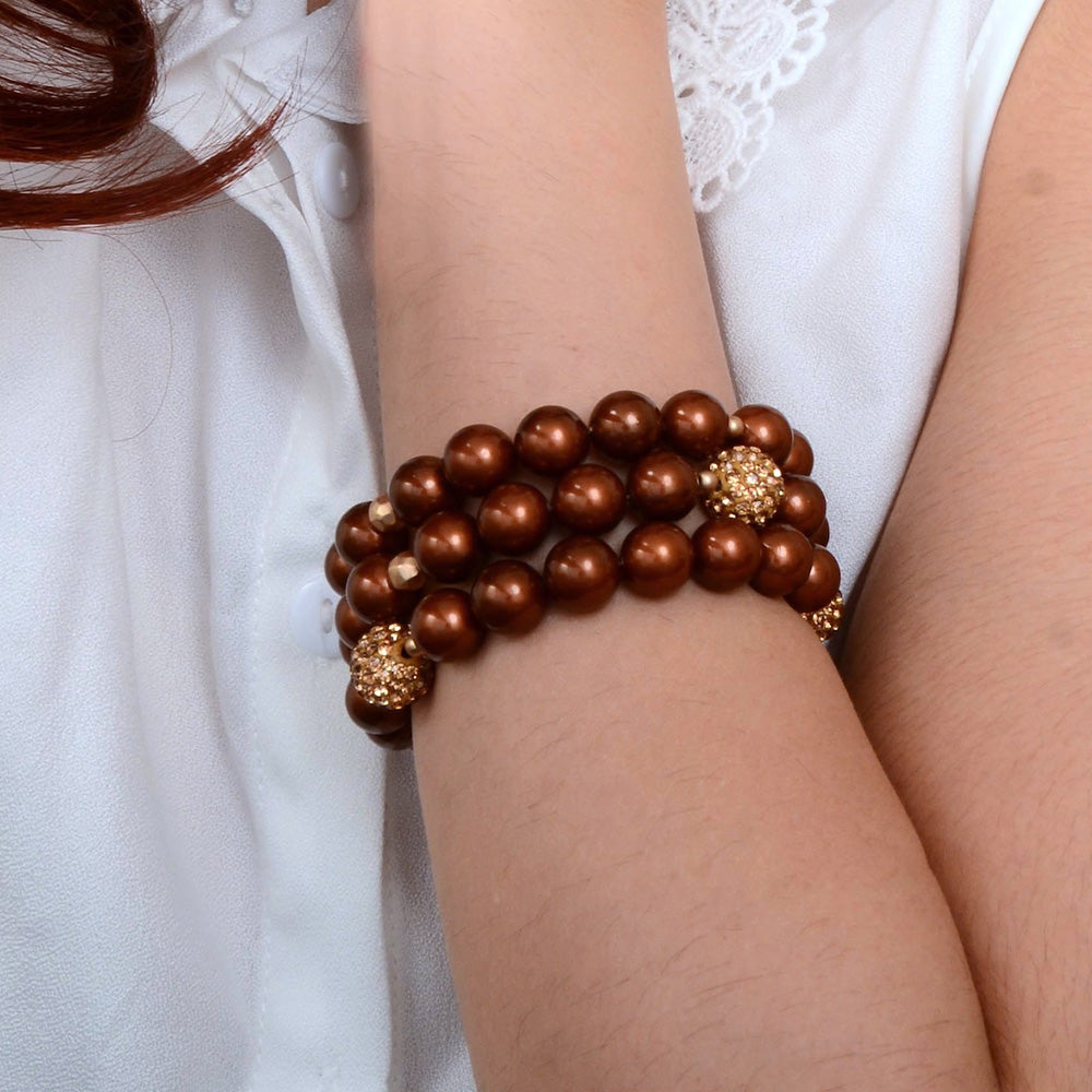 Mocha brown pearl and gold sparkle bracelet set from Start2Finish jewelry with elegant design and shimmering accents.
