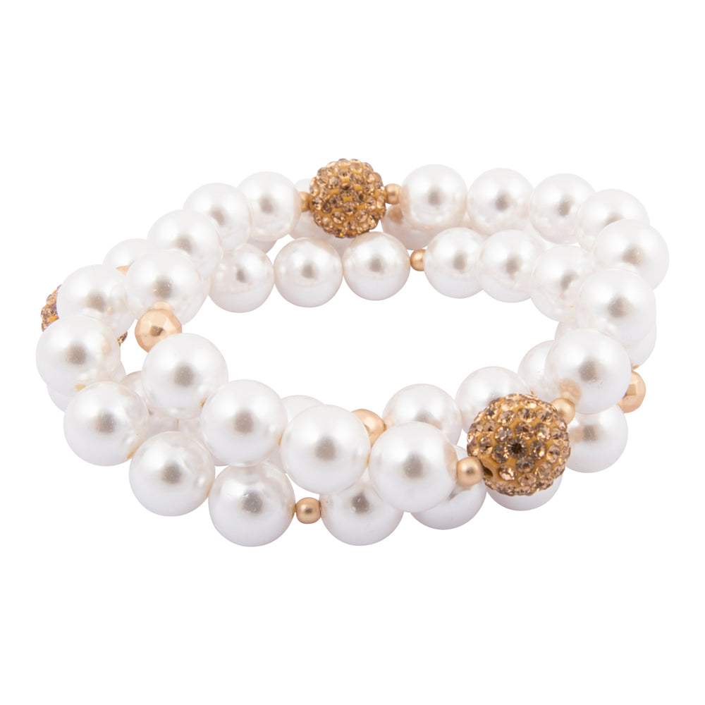 Chunky white pearl and triple golden bracelet set from Start2Finish, featuring bold pearl beads and gold accents on jewelry.