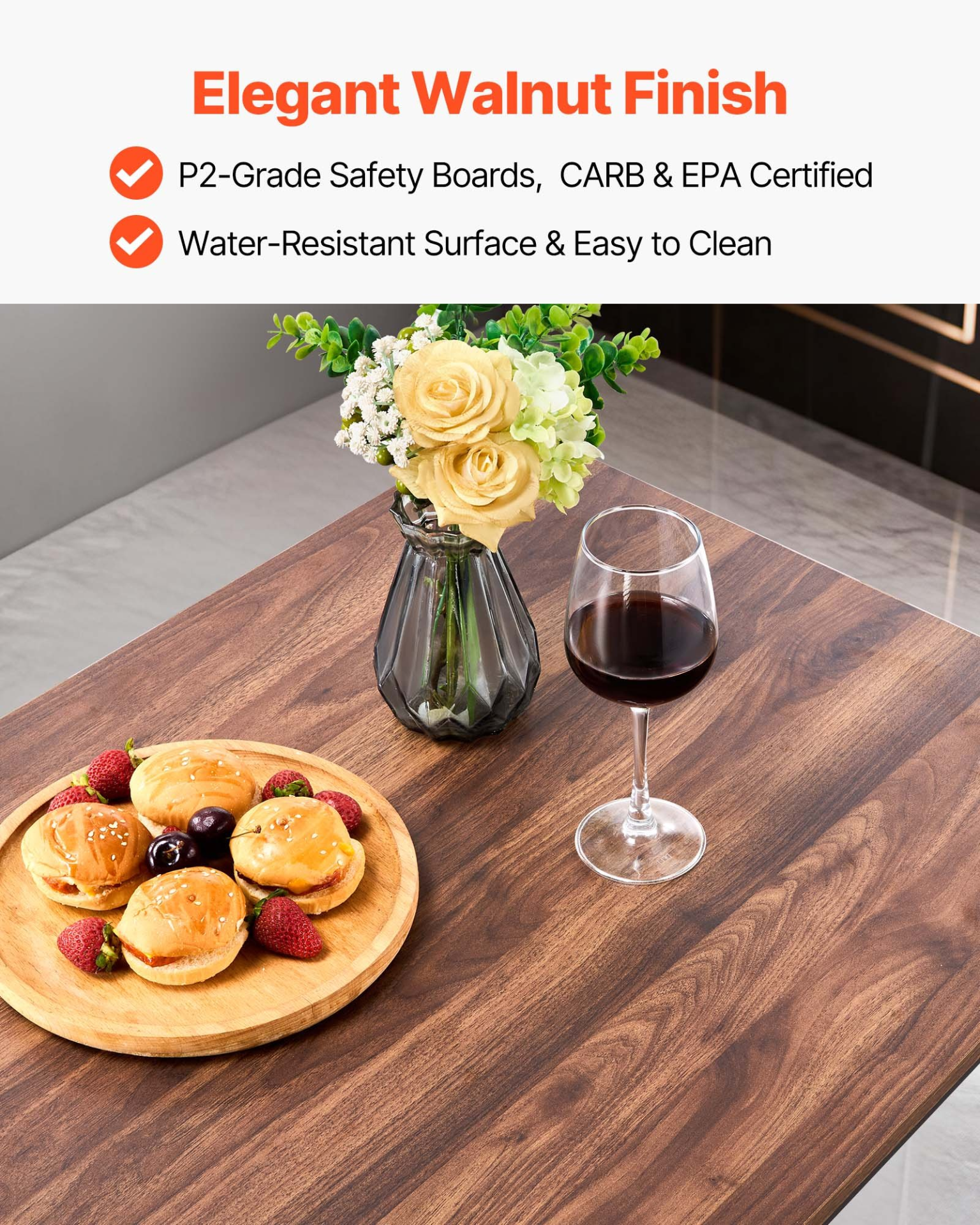 Set of five walnut-colored VEVOR bar tables and four black stools with rounded edges, ideal for living, dining, or kitchen areas.