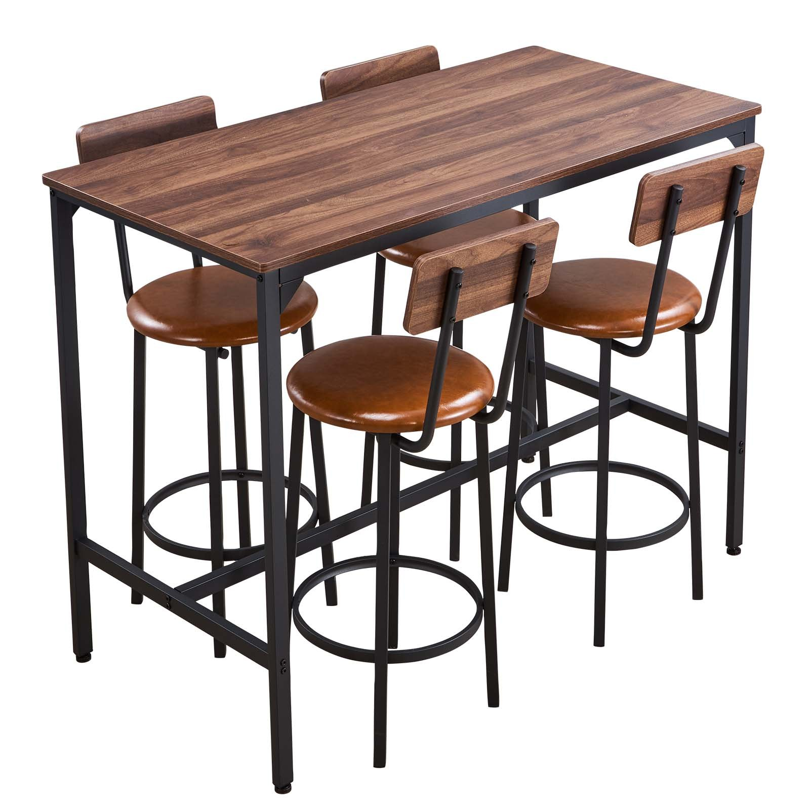Start2Finish VEVOR 5-piece walnut and black bar table set with four stools, rounded edge pub tables for dining or living room.