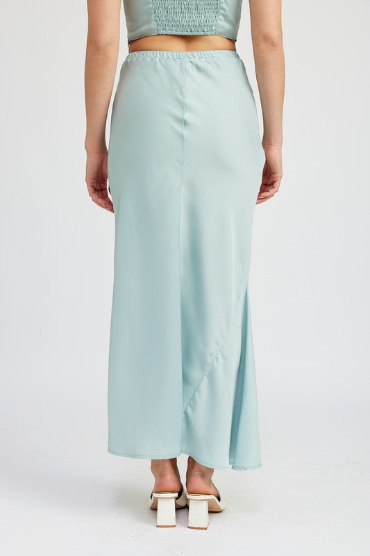 Automotive Jade Icarus satin midi skirt with tie front detail, showcasing smooth fabric and stylish design.