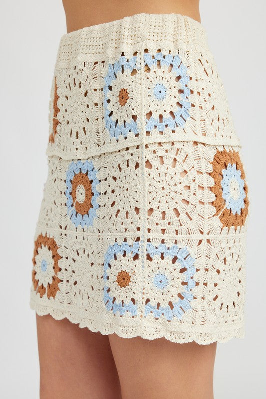 Automotive Jade Icarus high waist crochet mini skirt with detailed crochet pattern and fitted silhouette.