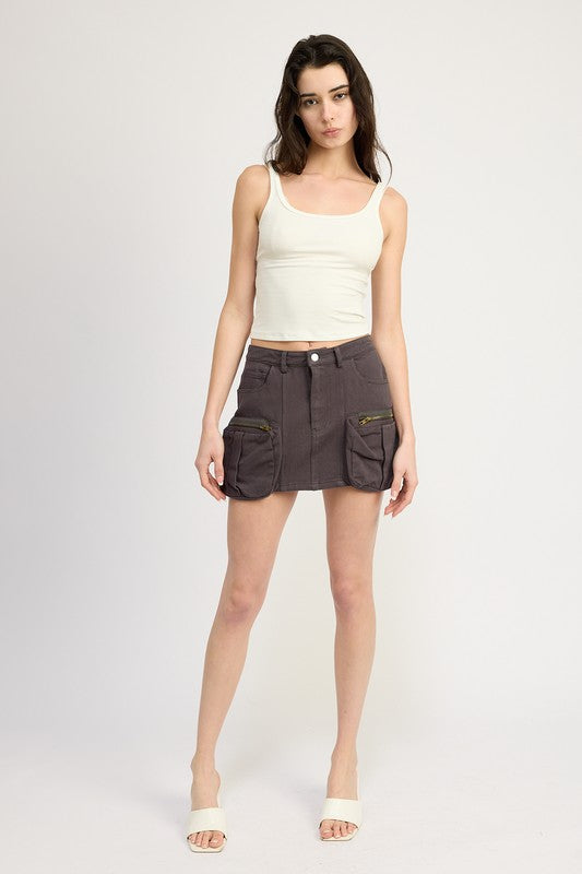 Automotive Jade Icarus Cargo Mini Skirt with multiple pockets, black fabric, and stylish design for casual wear.