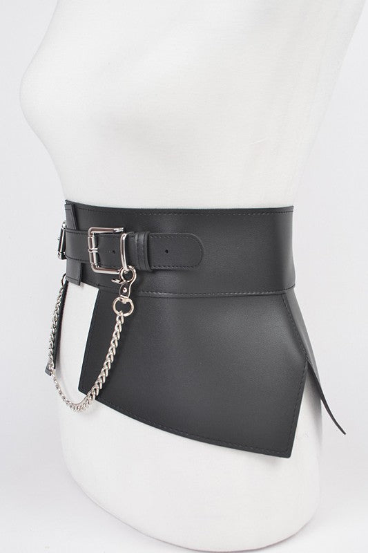 Jade Icarus faux leather belt with chain accent, stylish accessory featuring a sleek black design and metal chain detail.