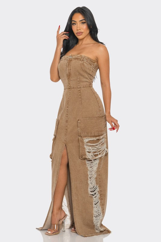 Vintage Washed Distressed Cargo Maxi Dress by Jade Icarus, featuring a relaxed fit with cargo pockets and a faded, distressed style.