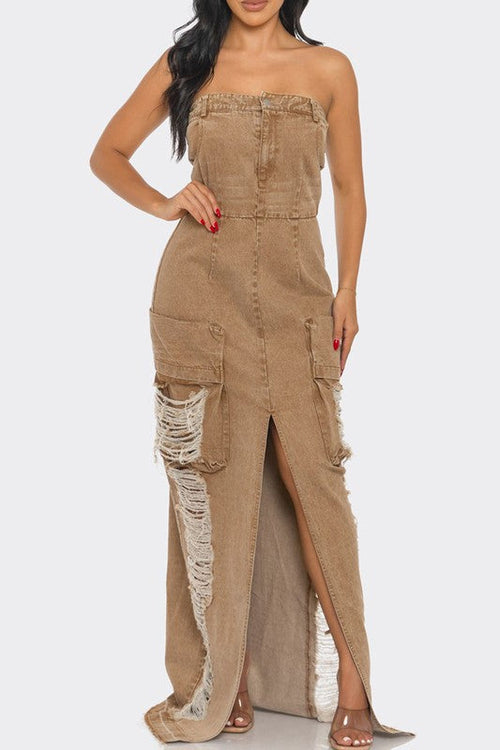Vintage washed distressed cargo maxi dress by Jade Icarus, featuring automotive-inspired design elements and relaxed fit.