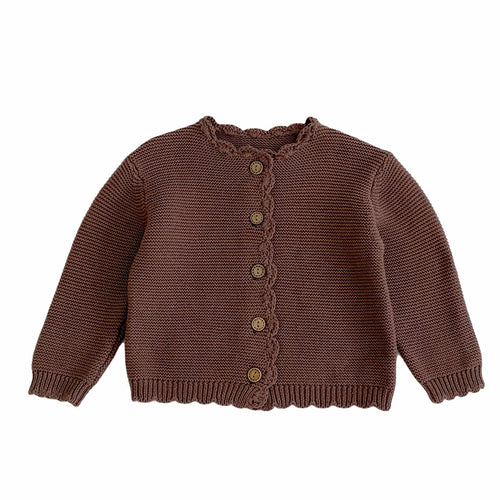 Baby unisex solid color crochet cardigan by Yellow Angel, warm knit sweater for kids and babies, front view.