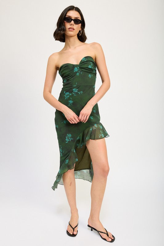 Asymmetrical ruffle tube maxi dress by Jade Icarus, featuring a stylish, flowing design with ruffle details in a vibrant fabric.