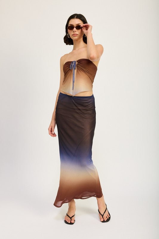 Jade Icarus ombre mesh skirt for women, semi-transparent with a flowing design, showcasing a stylish and trendy womenโs clothing piece.