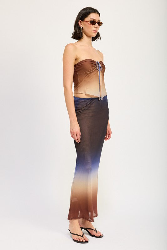 Jade Icarus ombre mesh skirt for women, featuring a flowy, semi-transparent fabric with gradient color effects.