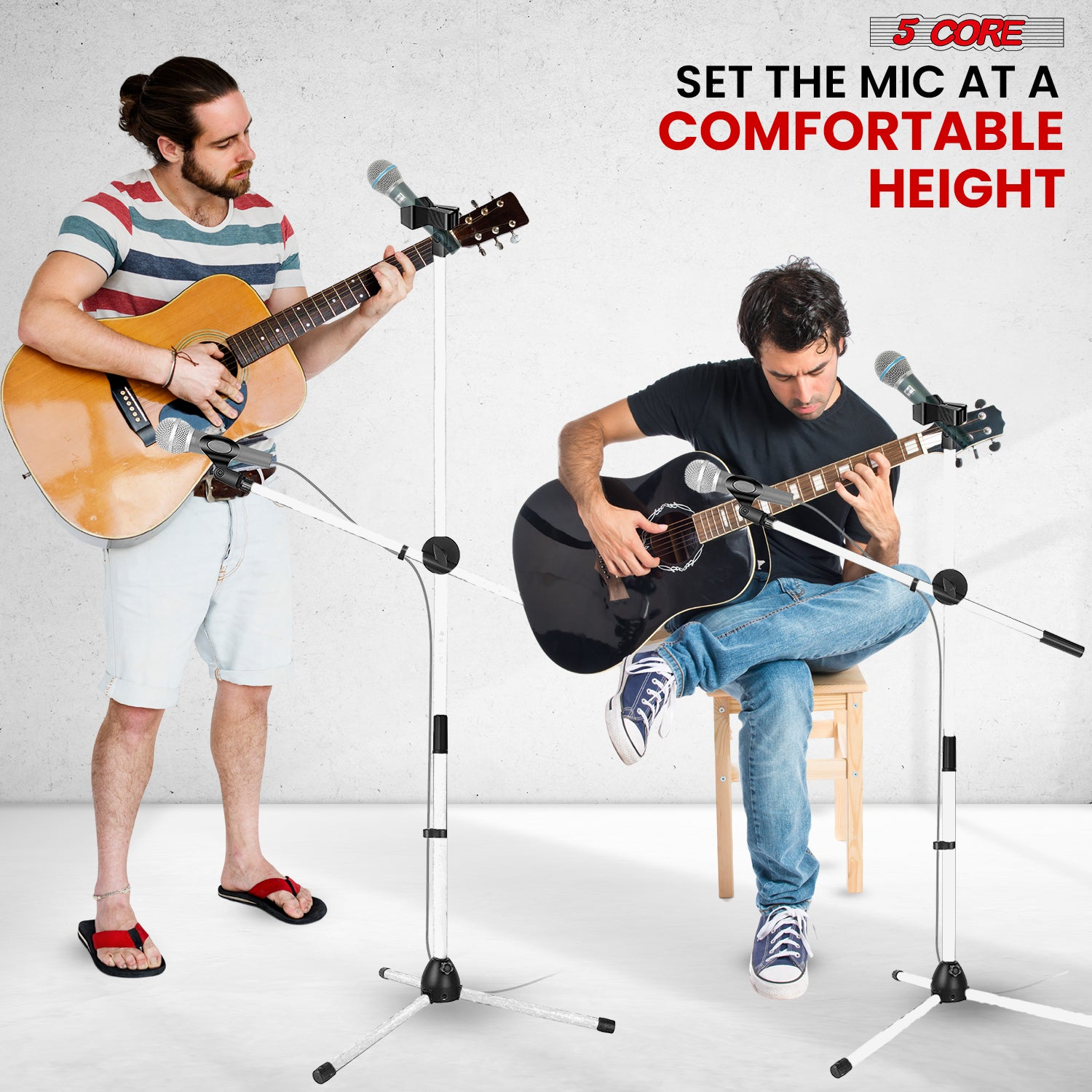 Start2Finish 5 Core Mic Stand Set with two adjustable tripod microphone stands featuring extendable boom arms for musical performances.