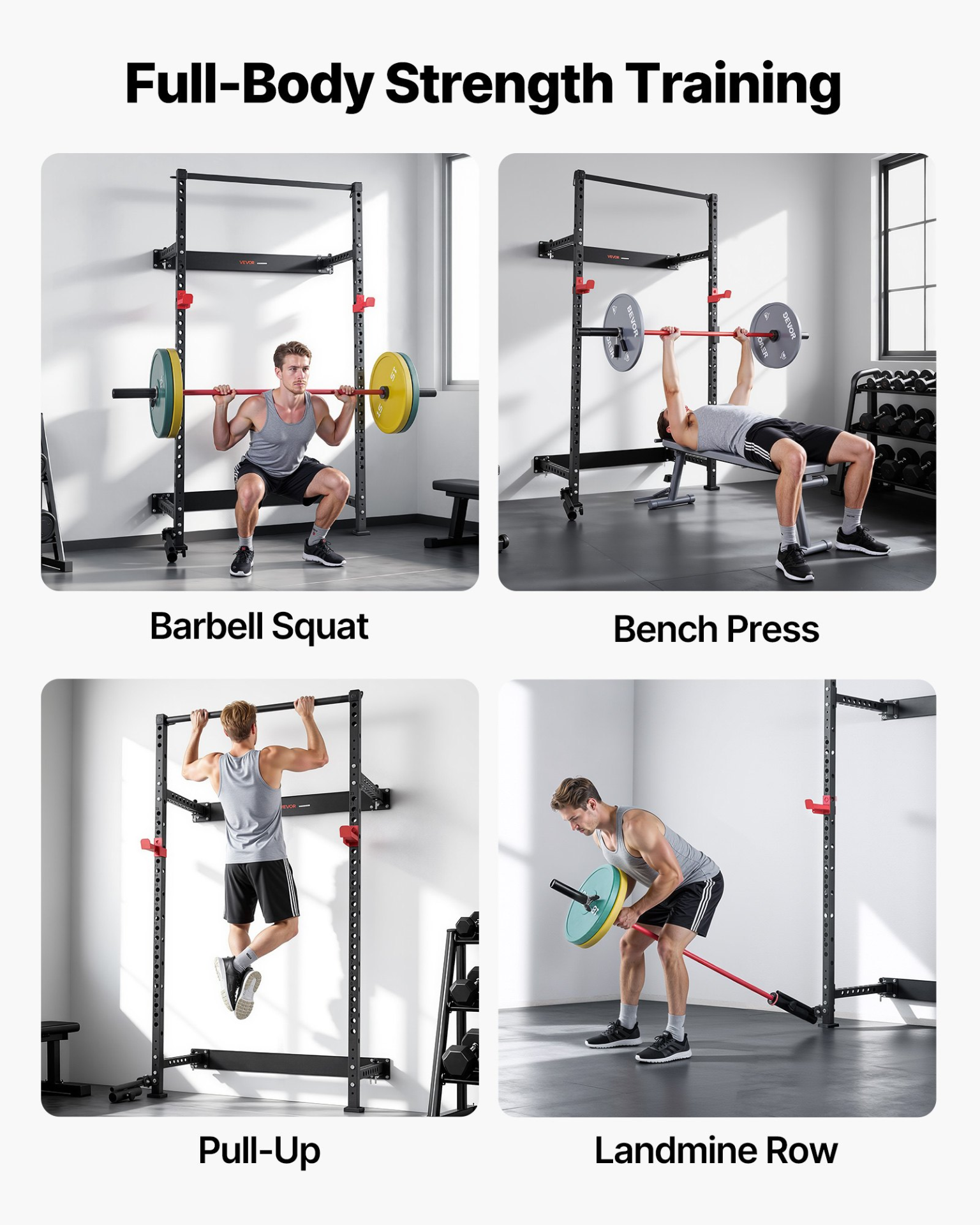 Start2Finish VEVOR folding power cage with wall-mounted squat rack, J-hooks, pull-up bar, and landmine holder for home gym strength training