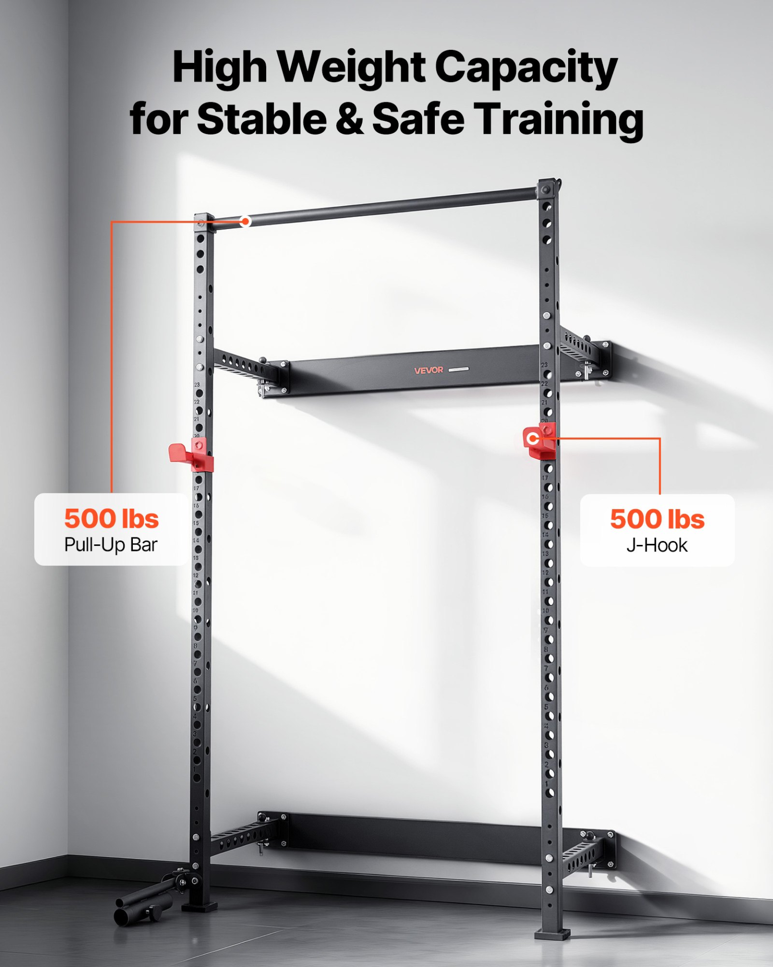Start2Finish VEVOR folding power cage with wall-mounted squat rack, pull-up bar, J-hooks, and landmine holder for home gym strength training.