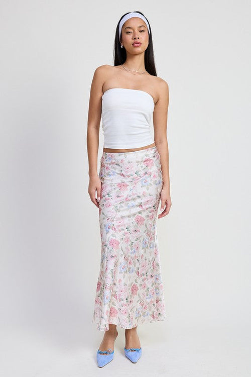 Jade Icarus bias floral maxi skirt for automotive design, featuring a vibrant floral pattern and flowing fabric.