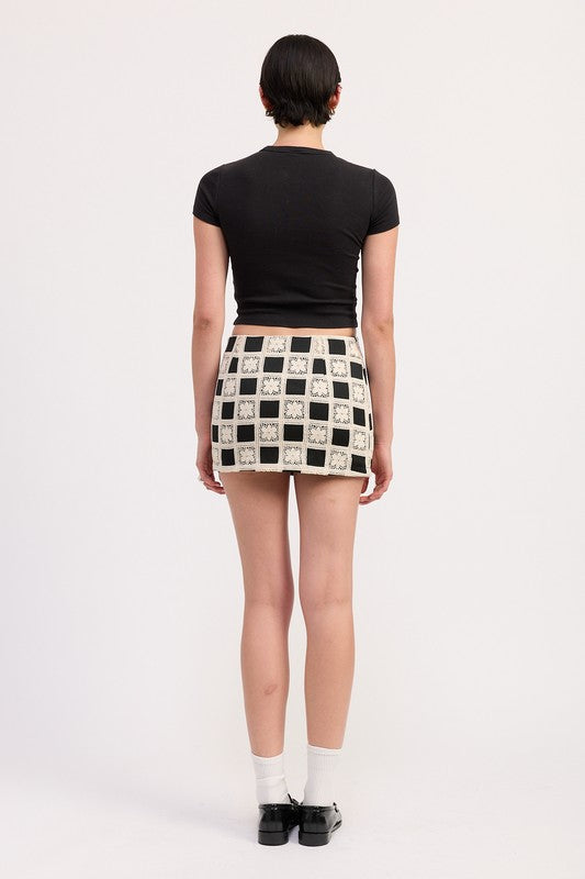 Automotive MINI Jacquard Skirt by Jade Icarus featuring detailed jacquard fabric and stylish design.