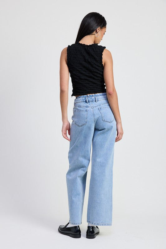 Jade Icarus layered straight-leg denim pants, automotive-style with detailed stitching and layered design, shown on a white background.