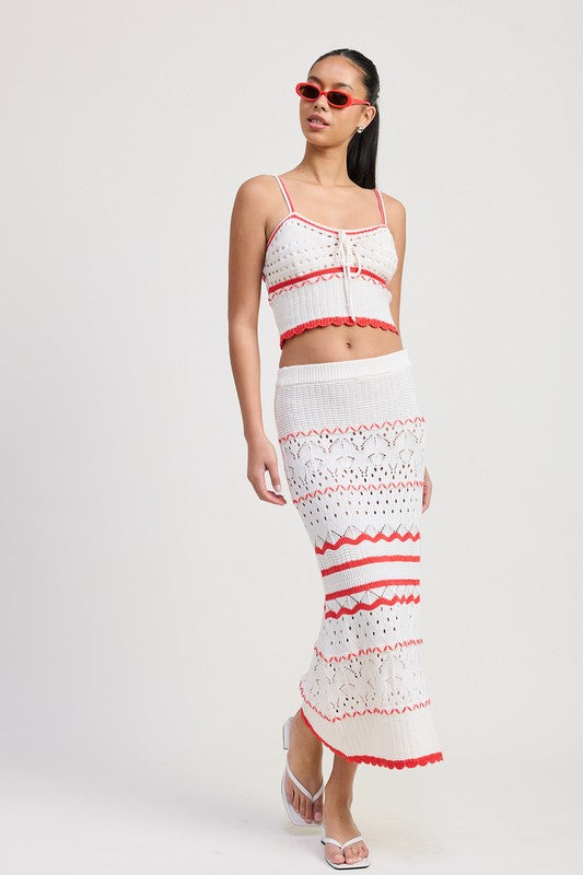 Automotive MAXI Crochet Skirt by Jade Icarus, featuring intricate crochet pattern and flowing design in vivid colors.