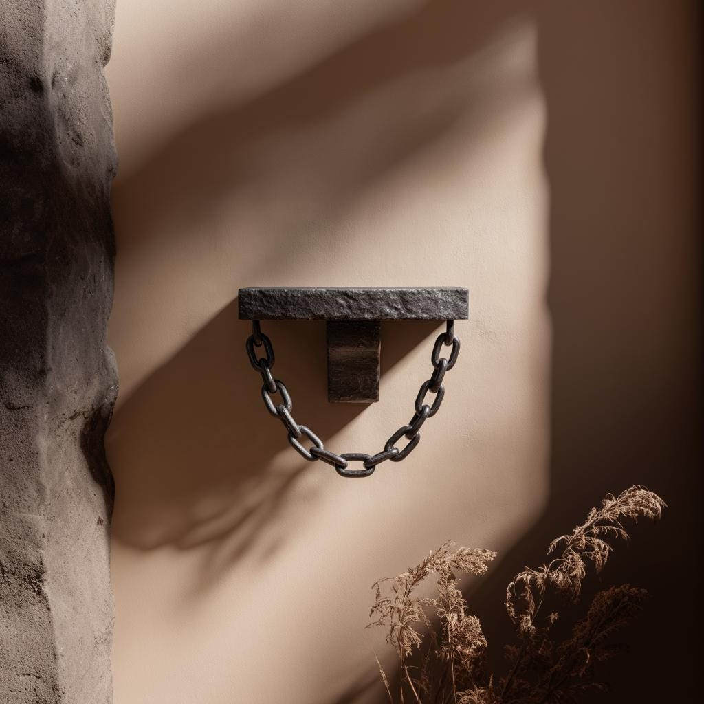 3D printed gothic chain wall shelf with hanging chain, dark fantasy dungeon style home decor for entryway or accent wall.