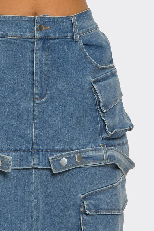 Utility denim maxi skirt by Jade Icarus, featuring a long, stylish denim design with functional pockets and a casual, versatile look.