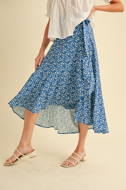 Jade Icarus Berti Floral Wrap Skirt in automotive-themed fabric with colorful floral pattern and wrap design.