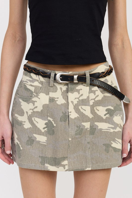 Jade Icarus belted mini camo skirt for women, featuring a stylish camouflage pattern and a waist belt for a trendy look.
