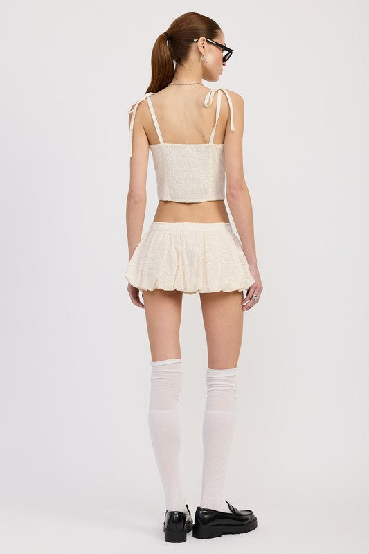 Jade Icarus Bubble Mini Skirt with elastic waistband, shown in stylish design, perfect for casual and trendy outfits.