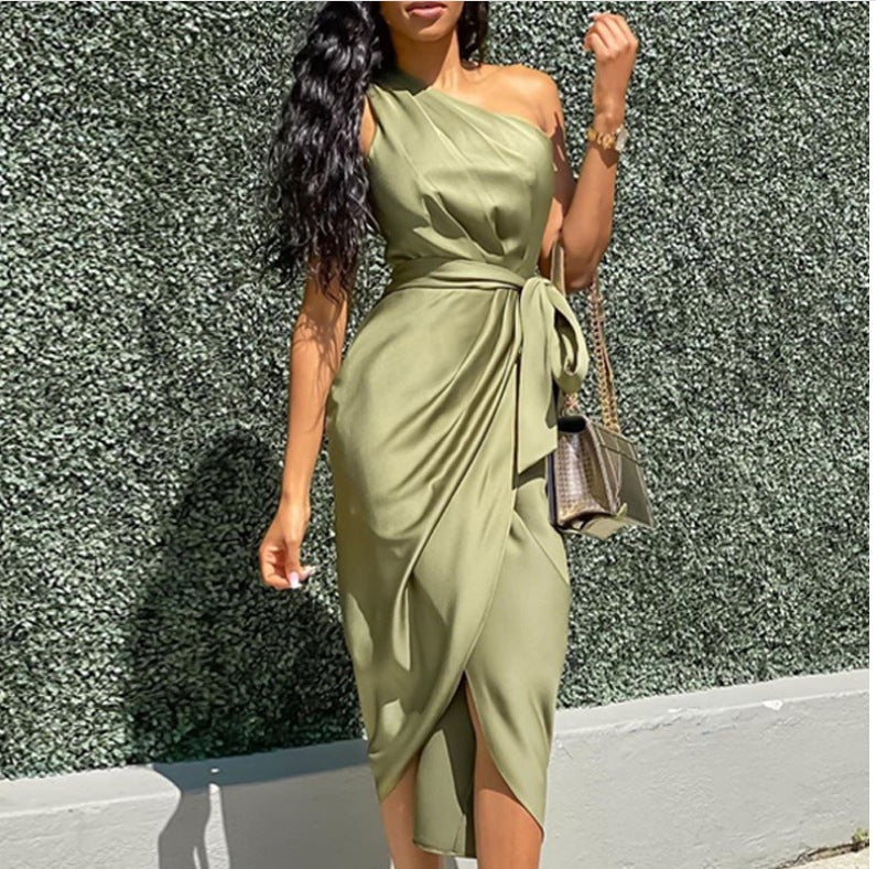 Women’s Asymmetrical Strap Dress – Slanted Shoulder