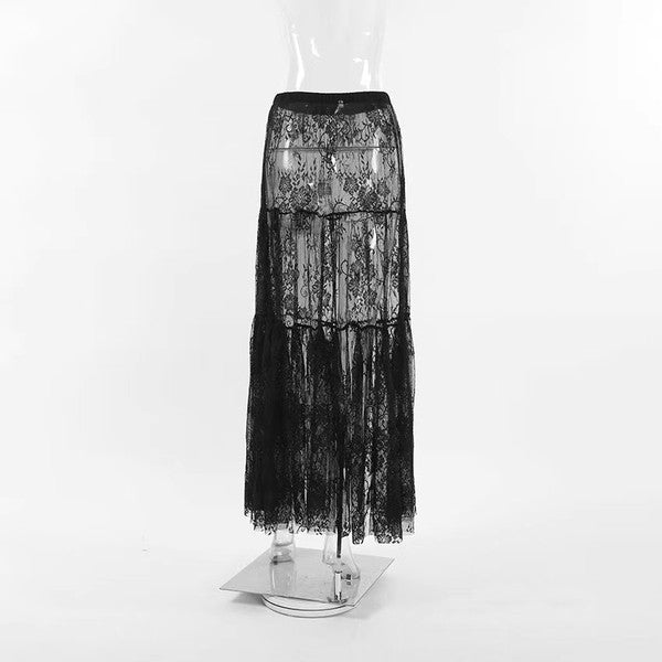 Automotive floral lace ruffled maxi skirt by Jade Icarus, featuring intricate lace details and flowing ruffle design.