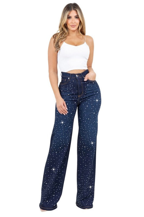 Jade Icarus Olivia Rhinestone Wide Leg Jean showcasing rhinestone embellishments and wide-leg denim style.