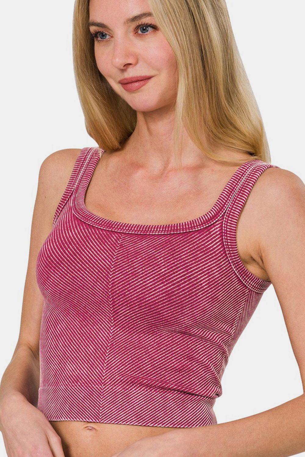 Automotive Jade Icarus Zenana Washed Ribbed Scoop Neck Wide Strap Tank in denim blue, displayed on a model
