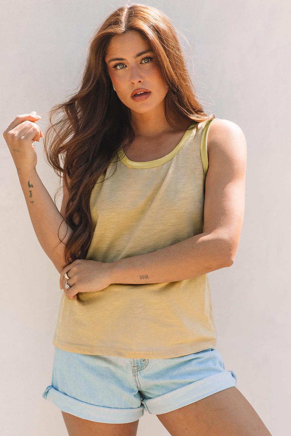 Metallic contrast trim scoop neck tank top for women by Byzantium Bay, featuring a stylish design and comfortable fit.