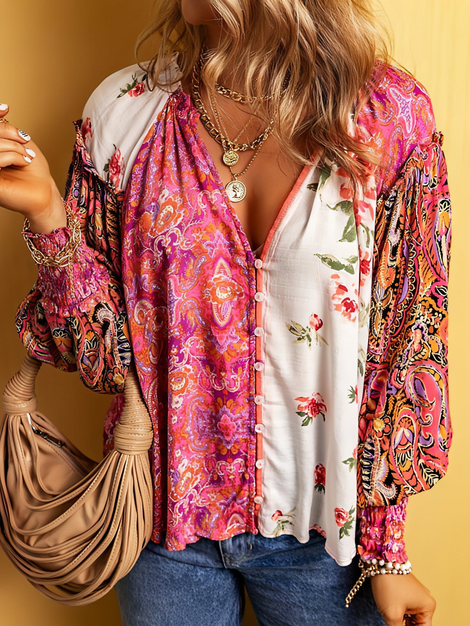 Floral print fashion dress shirt for women by Carmine Juneberry, stylish tops and blouses with vibrant floral design.