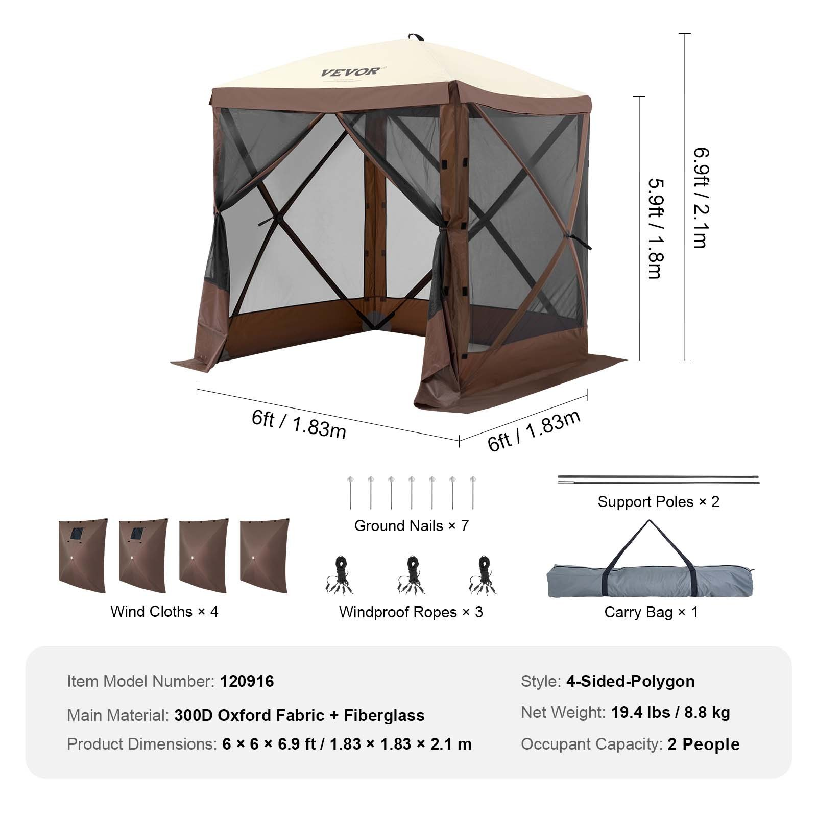 Start2Finish VEVOR 6x6ft pop-up outdoor gazebo tent with mesh windows, removable privacy wind cloths, and mosquito netting in brown.
