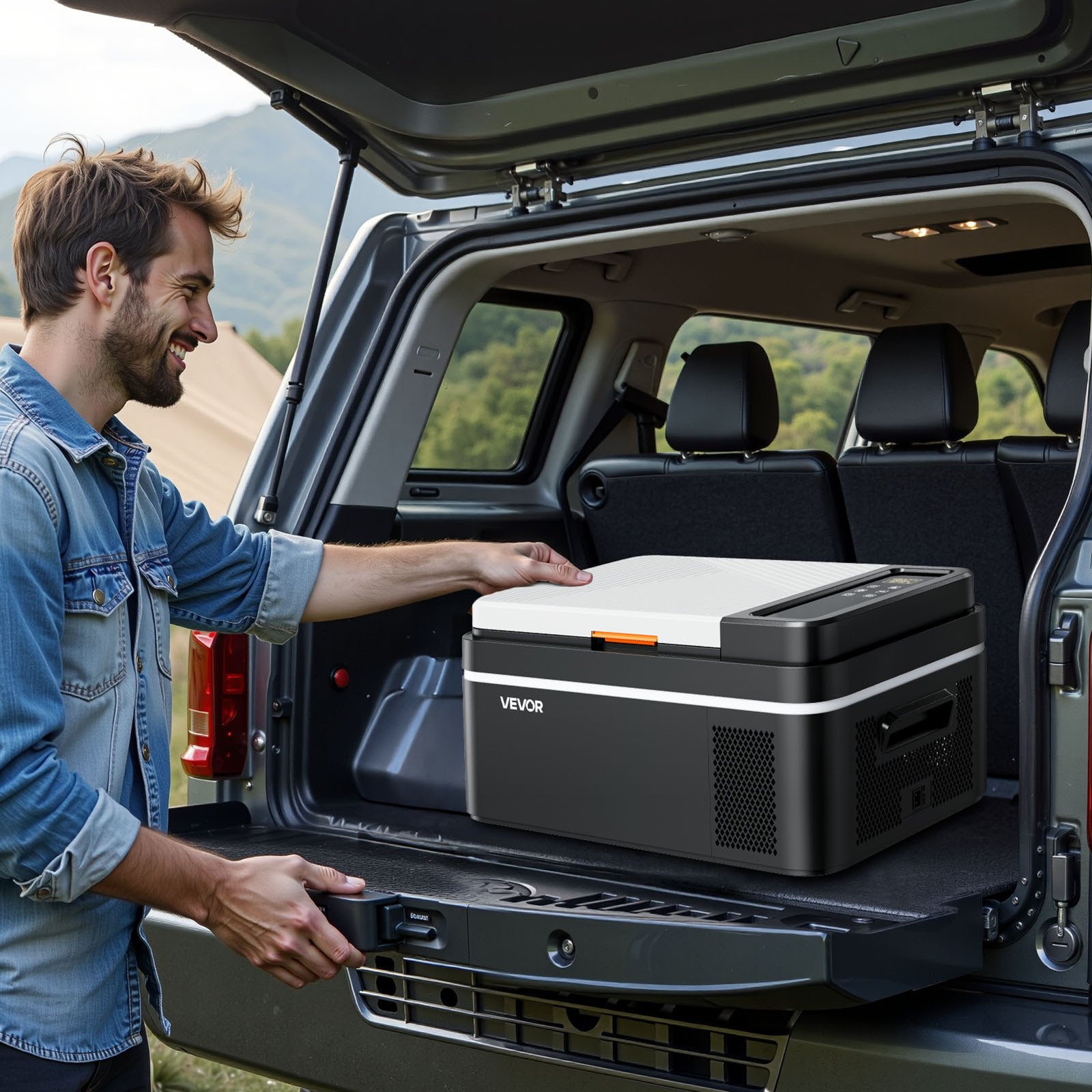 Start2Finish VEVOR car refrigerator with compressor, portable 21 QT cooler, app control, suitable for RVs, camping, boats, and fishing.