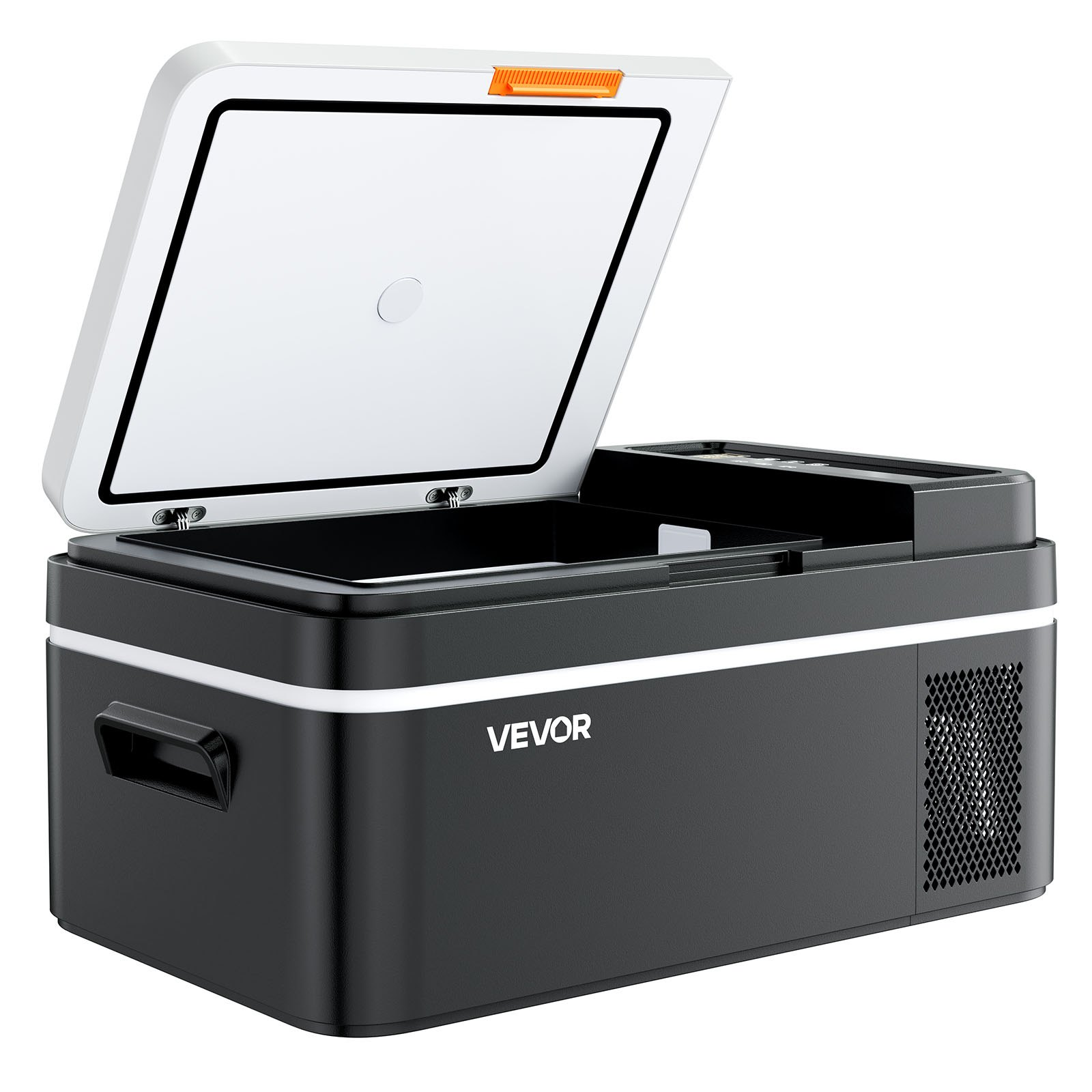 Start2Finish VEVOR car refrigerator with digital controls, compact 21 QT electric cooler, suitable for RVs, camping, and boating.