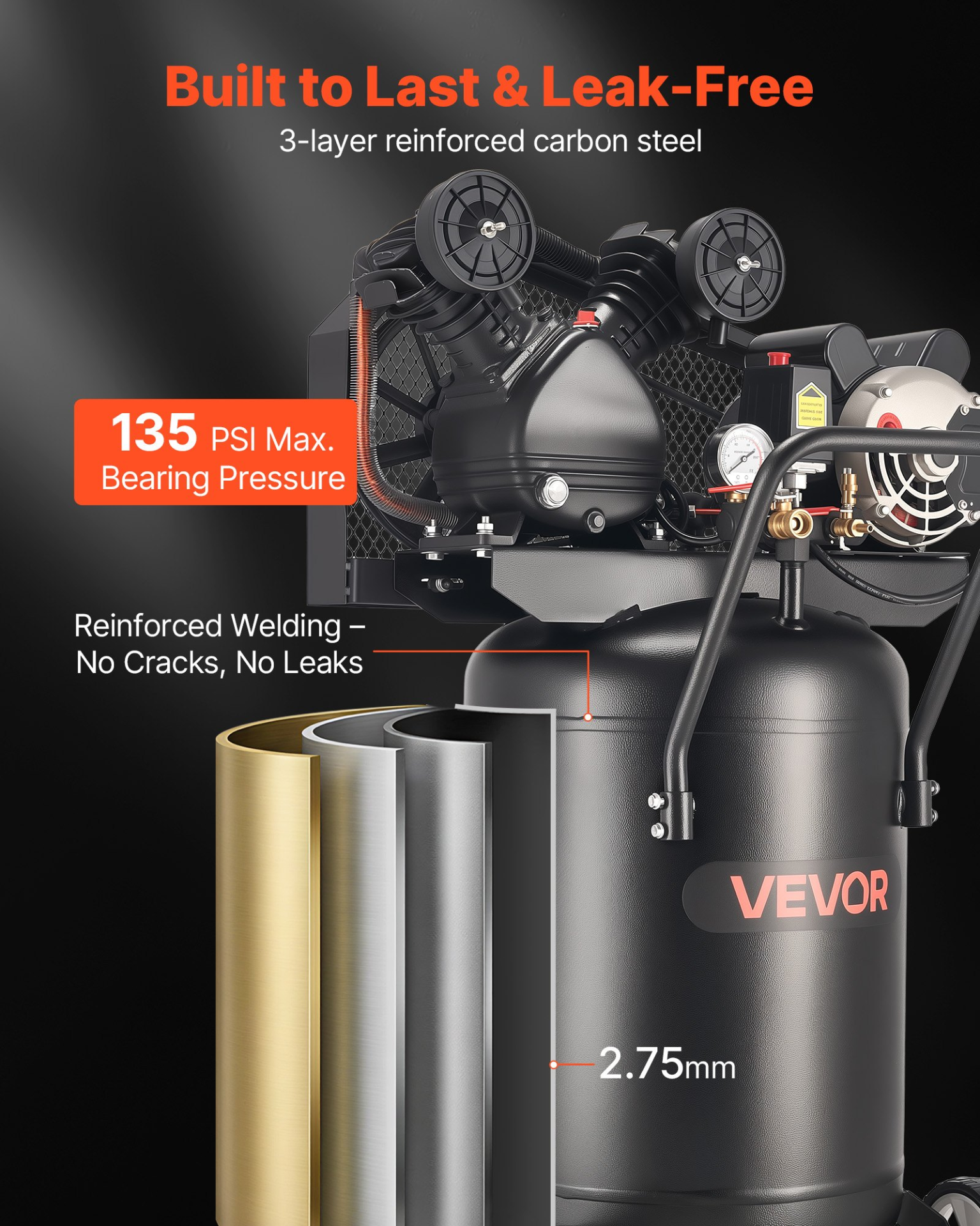 Start2Finish VEVOR 20-Gallon Air Compressor with 2HP motor, portable tank, wheels, suitable for auto repair, tire inflation, and spray painting.